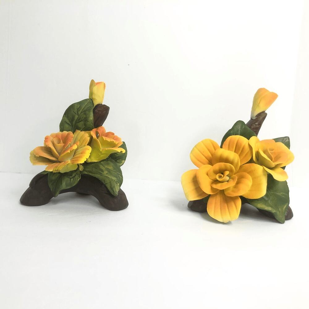 vintage yellow flower ceramic decor garden knick knacks‎ 4.5 inch tall rose log